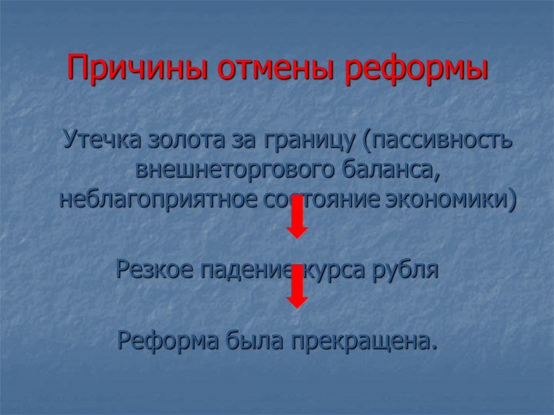 Причины отмены реформы   Утечка золота за границу (пассивность внешнеторгового баланса, неблагоприятное состояние
